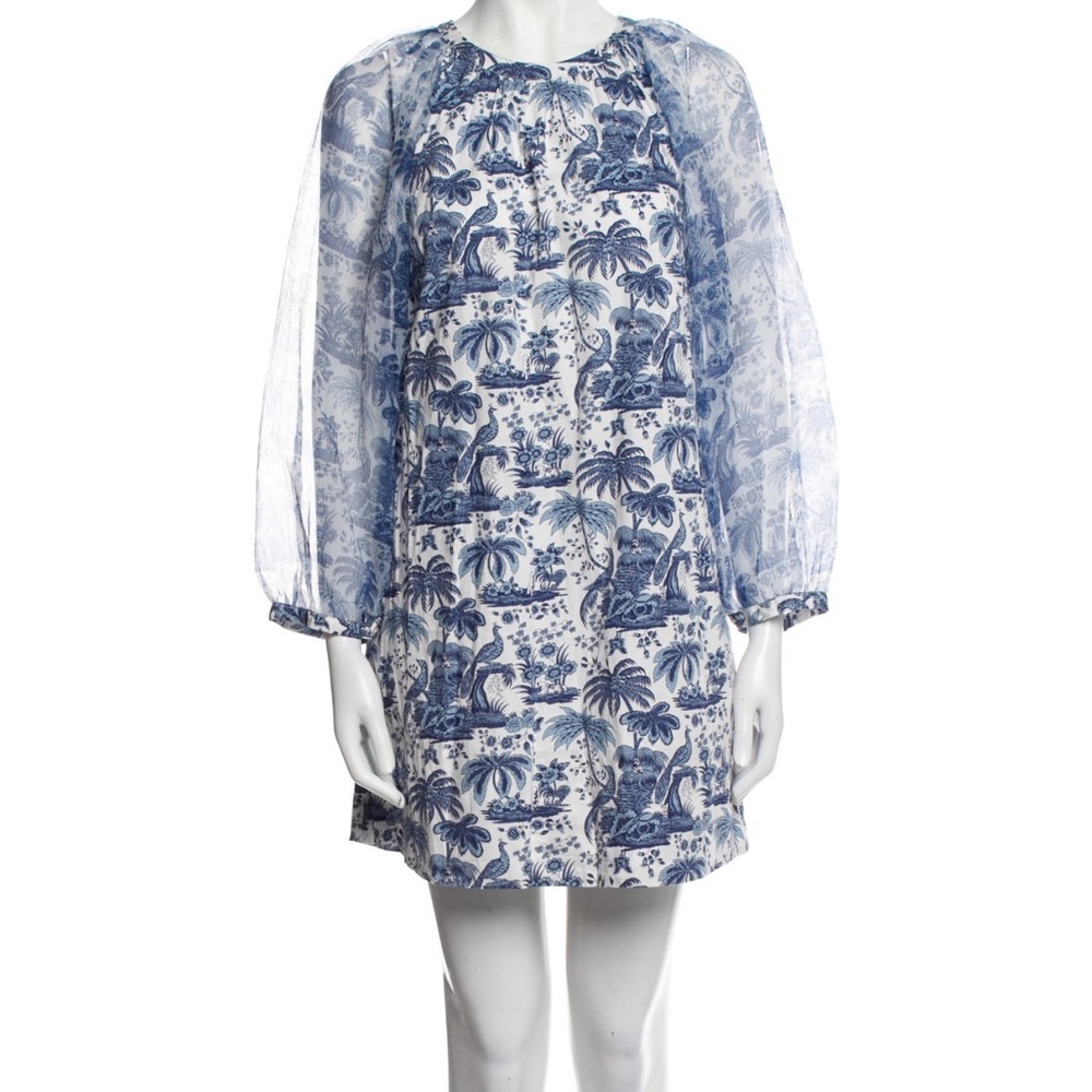 Staud Blue & White Organza Sleeve Shift Mini Dress, M